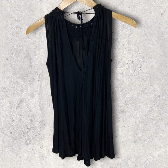 Free People Beaded Crew Neck Tunic Top Black Oversized Bohemian Tie Back Long S - Picture 3 of 9
